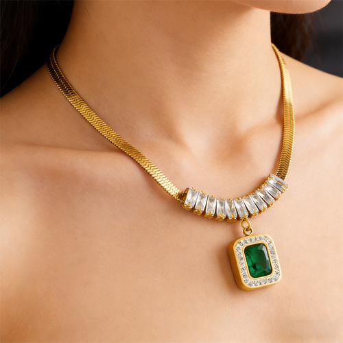 Fashionable women's gold jewelry set with green rhinestone pendant necklace, earrings, and bracelet as a gift.