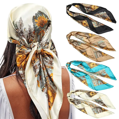 4PCS-Set 35'' Printed Square Head Scarf Neck Scarves for Women Silk Like Hair Kerchief Bandanas Neck Scarf Sleeping Head Wraps Hair Band Headscarf Female Hair Accessories