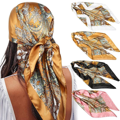 4PCS-Set 35'' Printed Square Head Scarf Neck Scarves for Women Silk Like Hair Kerchief Bandanas Neck Scarf Sleeping Head Wraps Hair Band Headscarf Female Hair Accessories