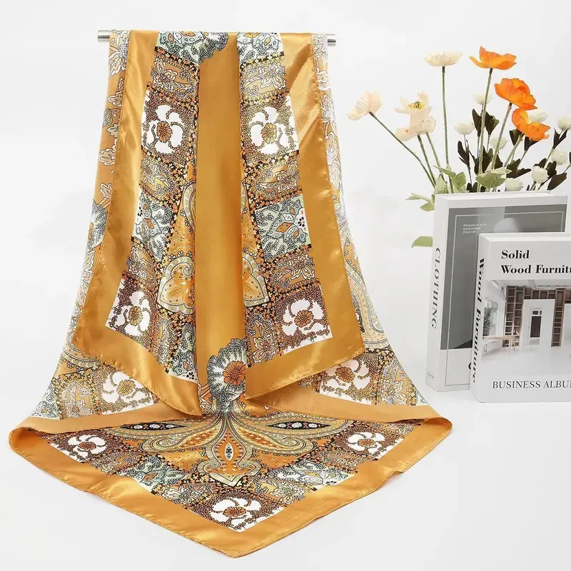 4PCS-Set 35'' Printed Square Head Scarf Neck Scarves for Women Silk Like Hair Kerchief Bandanas Neck Scarf Sleeping Head Wraps Hair Band Headscarf Female Hair Accessories