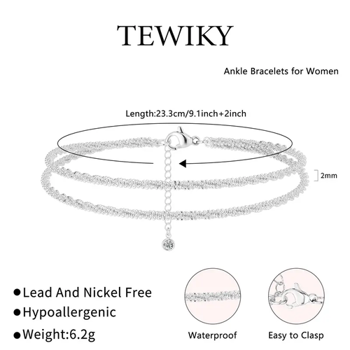 2 - Pack TEWIKY Anklets: Adjustable TEWIKY Anklet: Double - Layer Design, Easy Clasp & Perfect Fit