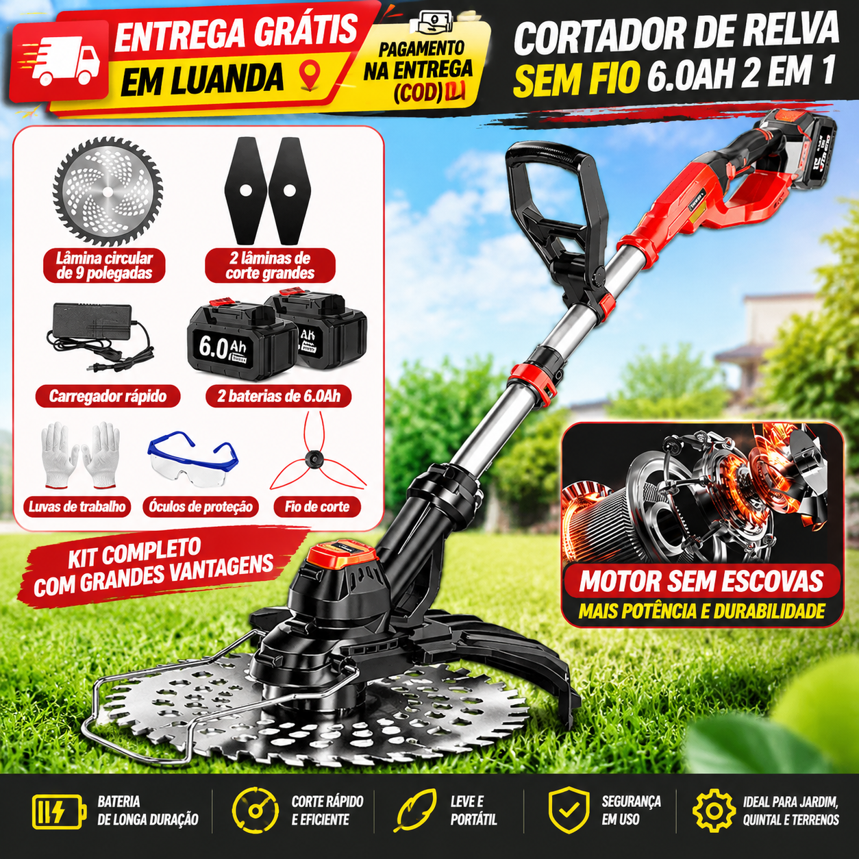 Roçadora Elétrica Sem Fio 6.0Ah – Motor Brushless, Cortador de Mato Multifuncional para Quintal e Jardim
