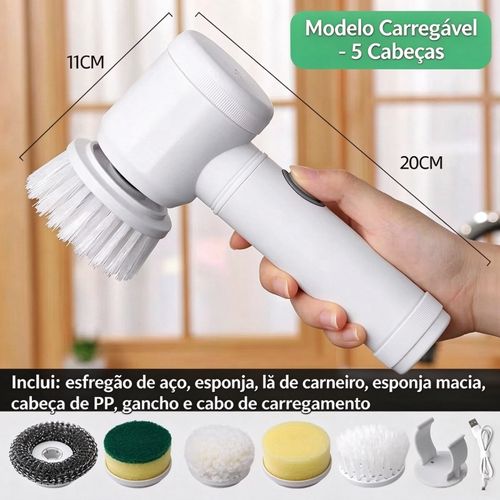 Acompanha 5 cabeçotes + cabo de carregamento! Escova de limpeza elétrica sem fio à prova d'água, limpa gordura, calcário, cantos e sapatos.