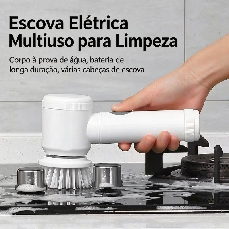 Acompanha 5 cabeçotes + cabo de carregamento! Escova de limpeza elétrica sem fio à prova d'água, limpa gordura, calcário, cantos e sapatos.