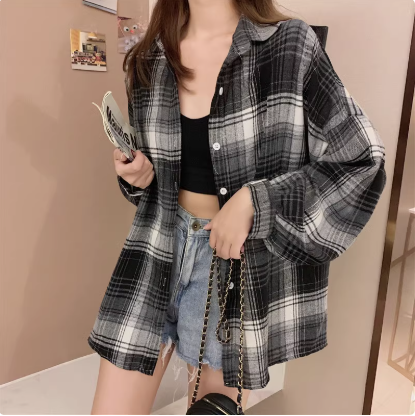 美式復古長袖格子襯衫外套女款2025新款夏款小眾寬鬆襯衣外穿上衣