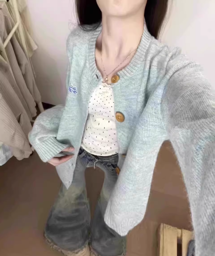日系甜美毛衣開衫外套女春季2025新款超好看寬鬆慵懶風針織衫上衣