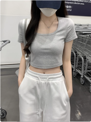 2025露臍短款法式方領T恤女夏季正肩純棉上衣美式辣妹灰色短袖