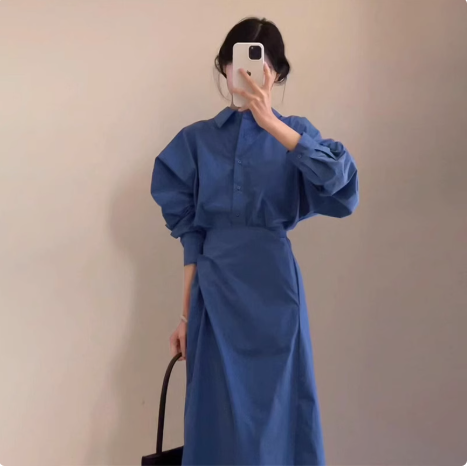 開春穿搭藍色長袖襯衫連衣裙子女早春季2025新爆款高級感套裝長裙