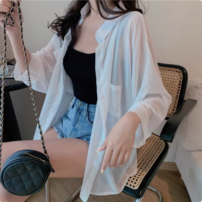 白色雪紡防曬襯衫chic上衣薄紗襯衣女夏季新款開衫小外套吊帶外搭