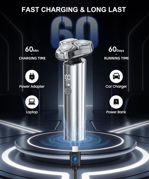 Electric Razor for Men 10000RPM High Speed Motor IPX8 Waterproof USB Fast Charging 5 Min Quick Charge Travel Lock Black Gray
