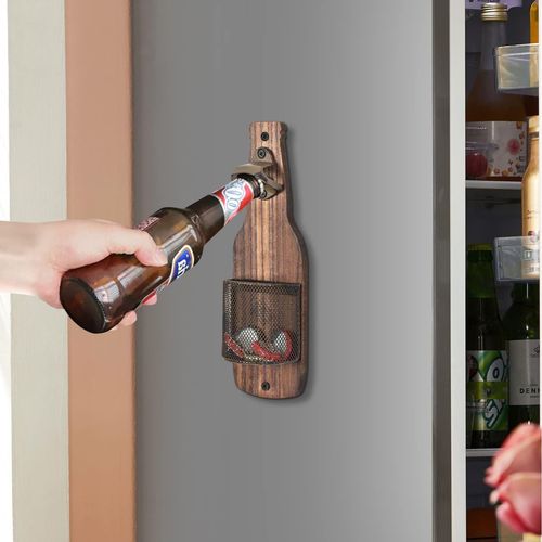 Wall-Mounted Creative Beer Bottle Opener with Bottle Cap Storage Basket – Perfect for Kitchen & Bar Decoration