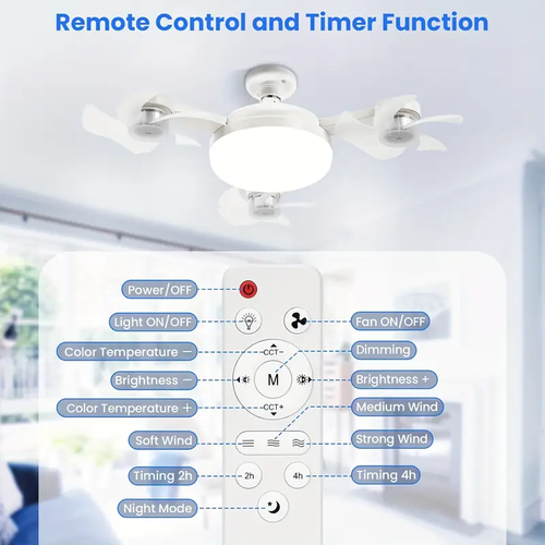 E27 LED Silent Ceiling Fan Light with Remote Control Dimming Three Color Light Drone Shaped Fan Light Home Living Room Bedroom