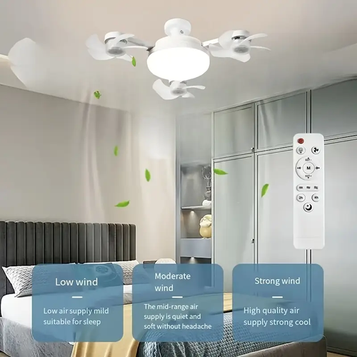 E27 LED Silent Ceiling Fan Light with Remote Control Dimming Three Color Light Drone Shaped Fan Light Home Living Room Bedroom