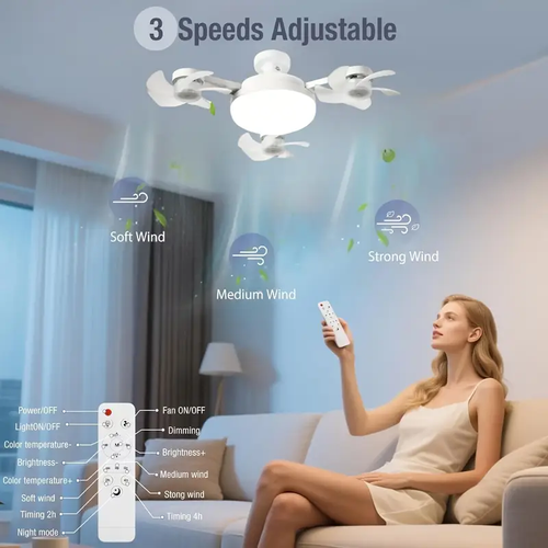 E27 LED Silent Ceiling Fan Light with Remote Control Dimming Three Color Light Drone Shaped Fan Light Home Living Room Bedroom
