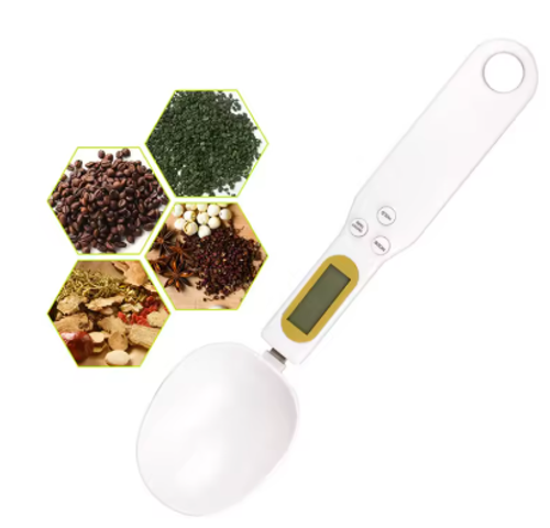 White USB Rechargeable Digital Measuring Spoon Scale, Precision Electronic Food Scoop Scale for Kitchen Cooking, Baking, Pet Food, and Coffee Measurement