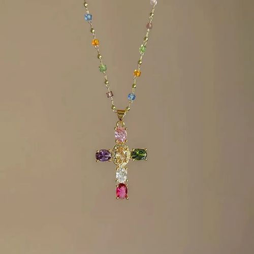 （Buy one free one）Cross-Border Colorful Cross Contrast Crystal Necklace for Women - Niche Design, INS Style Temperament, Super Sparkling Zircon Clavicle Chain😀💗