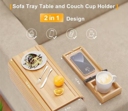 Foldable Sofa Arm Tray Table, Removable Wooden Tray for Fruits & Snacks, Multifunctional Sofa Side Storage Organizer for Living Room😀😀😀