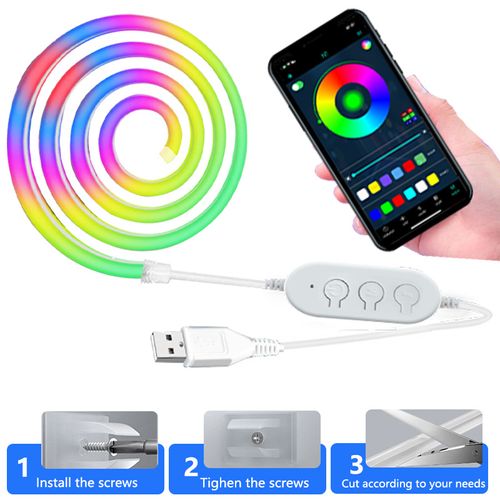 RGB Neon LED Strip Lights - USB Flexible Silicone, DIY Shapeable, Bluetooth Sound-Activated & Smart Running Light for Gaming Ambience