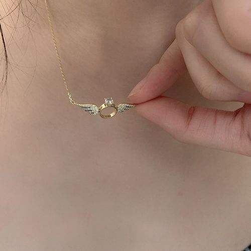 Angel Wing Pendant Necklace for Women - Sparkling Crystal-Embedded, Swingable Design, Dainty Collarbone Chain for Confession