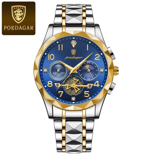 Swiss brand multi-functional new men's watch - waterproof, luminous, fashionable quartz watch. Color: gold-blue face, steel strap model.