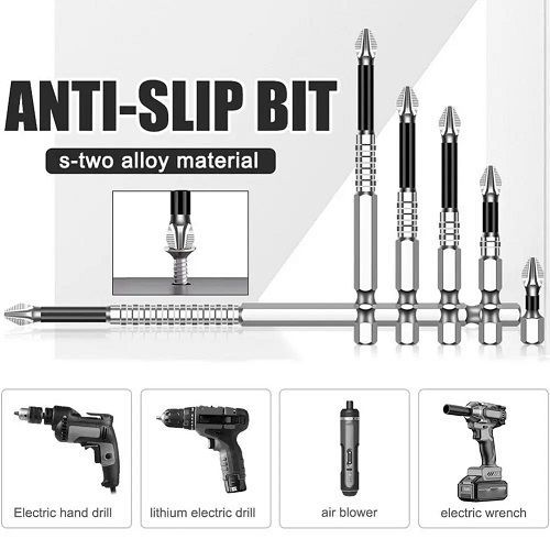 5Pcs Non-Slip High Hardness Bit S2 Strong Magnetic 5A Black Non-Slip Cross Head Electric Drill Electric Screwdriver Bit Set