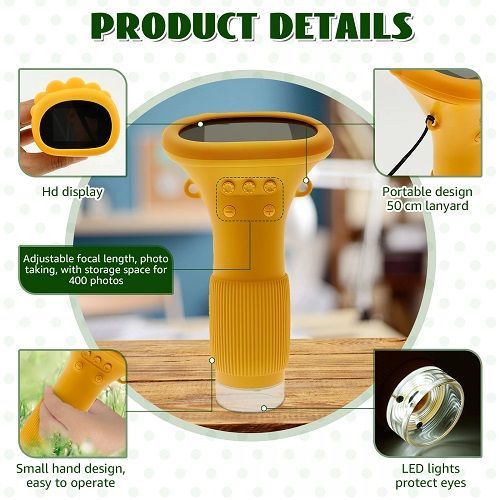 Microscope for Kids 1000X Mini Handheld Microscope with 2 Inch Screen LED Lights Portable Digital Microscope Lightweight Pocket
