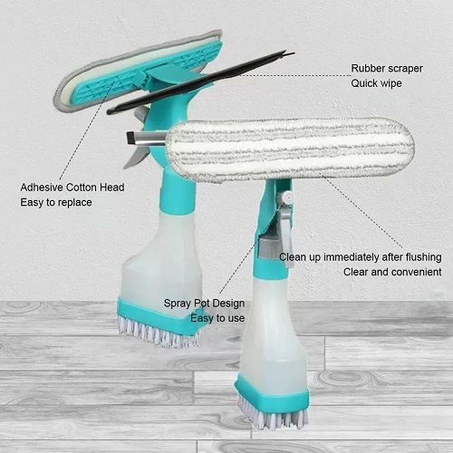 4 in 1 Spray Window Cleaning Brush,Multi-Functional Double-Sided Glass Squeegee Set,Non-Slip Handle Sponge Scrub for Mirror Door