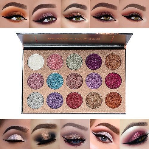 15 Colors Beauty Glazed Eyeshadow Palette Warm Neutral Matte Metallic Shimmer Glitter Shades Multiple Skin Tones All Day Wear