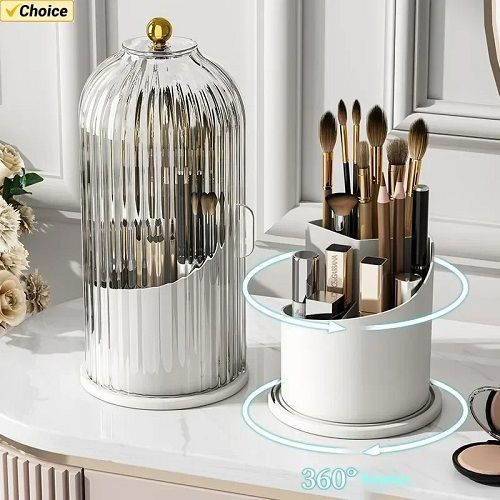 360° Rotating Makeup Brush Holder With Lid Luxury Cosmetic Organizer Lipstick Eyebrow Pencil Holder Eye Shadow Storage Box