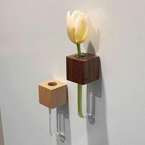 Solid wood creative daily household fresh flowers vase refrigerator magnet test tube wall hanging sign wooden box craft wall hanging