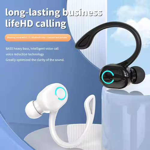 Wireless Bluetooth sports single-ear earphones with ear hooks, earbuds, and microphone