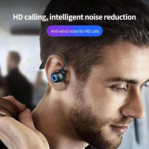 Wireless Bluetooth sports single-ear earphones with ear hooks, earbuds, and microphone