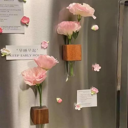 Solid wood creative daily household fresh flowers vase refrigerator magnet test tube wall hanging sign wooden box craft wall hanging