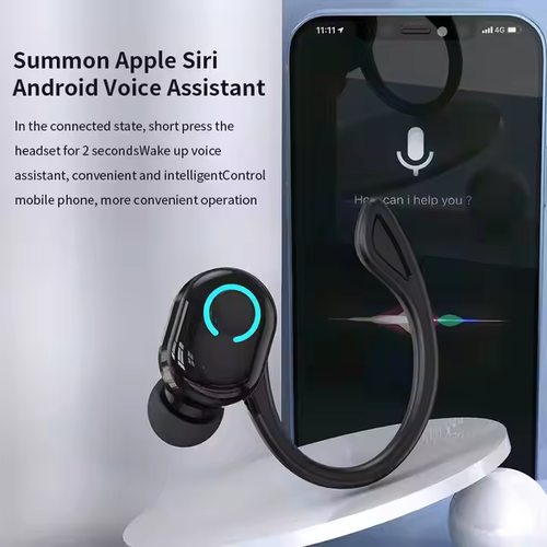 Wireless Bluetooth sports single-ear earphones with ear hooks, earbuds, and microphone