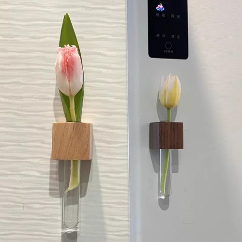 Solid wood creative daily household fresh flowers vase refrigerator magnet test tube wall hanging sign wooden box craft wall hanging