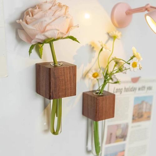 Solid wood creative daily household fresh flowers vase refrigerator magnet test tube wall hanging sign wooden box craft wall hanging