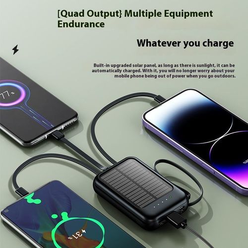 High-capacity 20,000 mAh solar power bank, suitable for Android and Apple devices with dual USB output
