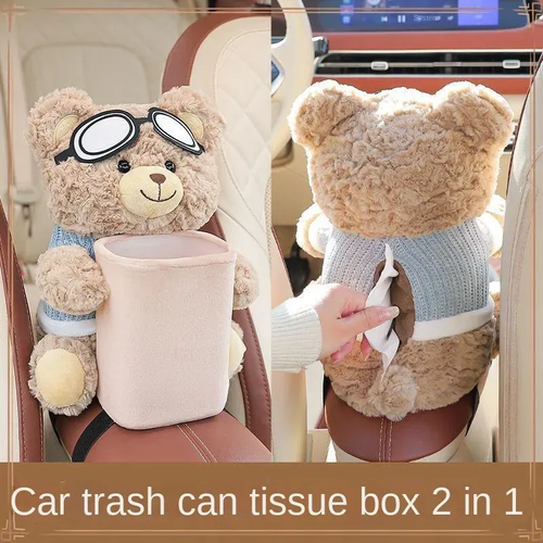 This car trash can, shaped like a bear, functions as a tissue box, a two-in-one storage bin, and a dishcloth container.