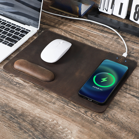 Personalized Crazy Horse Leather Mouse Pad with 15W Wireless Charging and Wrist Support