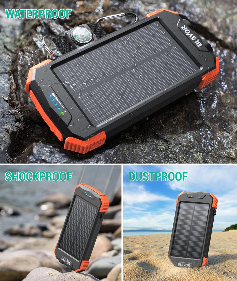 🔥HOT SALE🔥 COD！20000mAh Portable Solar Charger Power Bank with LED Flashlight - Dual USB-A Output, Waterproof Outdoor Design with Compass & Carabiner for Phone Android