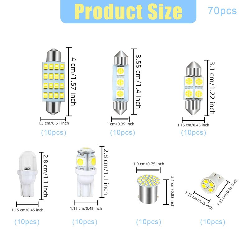 🚗Most Purchased|70PCS White Car Interior LED Bulb Kit|T10 31mm 36mm 41mm Plug and Play for Map Dome Reading License Plate Marker Lights|COD Free Shipping