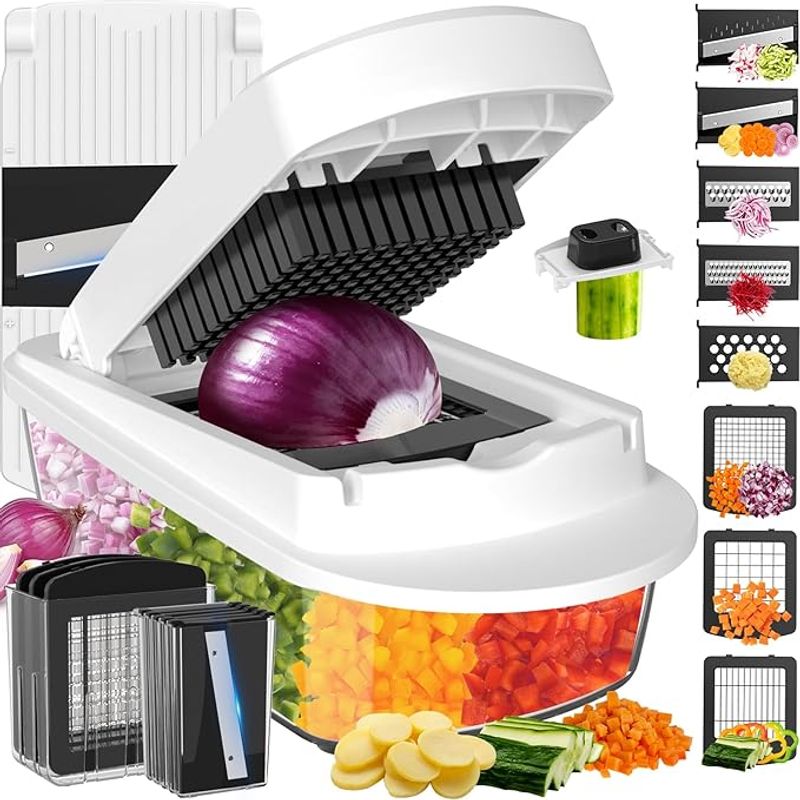 8 blade multi purpose vegetable chopper slicer with container, ideal for chopping vegetables and onions and making salads,an essential kitchen accessory, whitr