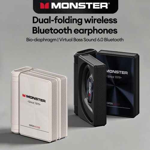 Monster Open-Ear Mic Headset, Dual-Fold Design, Mic Noise Cancellation Headphones, 100H Long Battery Life Bluetooth 6.0 Wireless Earbuds, Touch Control, IPX5 Sweatproof, for Running, Workout, Driving, Back to School– Gifts for Men & Women