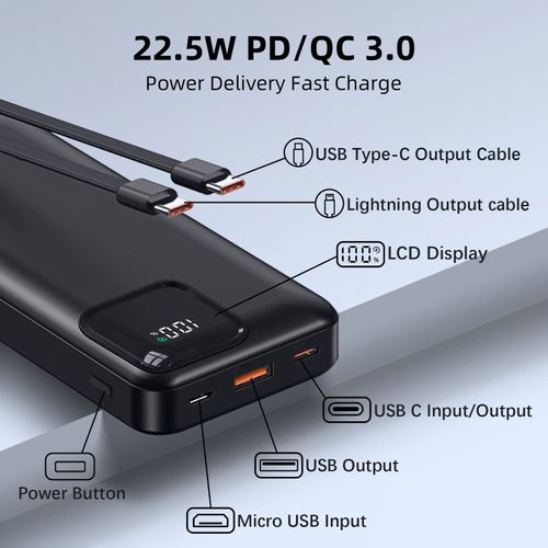 Portable Charger with Built-in Cables,Portable Charger with Cords Wires Slim 10000mAh Travel Battery Pack 4 Outputs 2 Inputs 22.5W Fast Charging Power Bank for Samsung Google Pixel LG Moto iPhone iPad