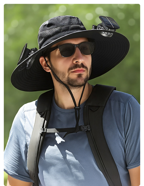 HIgh Quality Wide Brimmed Sun Hat Solar Charging Fan Cooling Cap Outdoor Hiking Breathable Mesh Drying Polyester Fisherman Hat