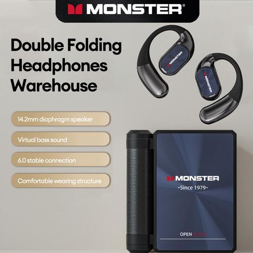 Monster Open-Ear Mic Headset, Dual-Fold Design, Mic Noise Cancellation Headphones, 100H Long Battery Life Bluetooth 6.0 Wireless Earbuds, Touch Control, IPX5 Sweatproof, for Running, Workout, Driving, Back to School– Gifts for Men & Women