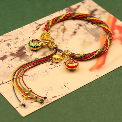 Rope Bracelet with Delicate Golden Beast Pendant Colorful Ethnic Style Accessory Bracelet