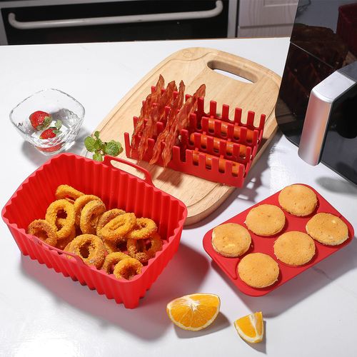 3 Piece Food Grade Silicone Baking Set for Air Fryer  Rectangular Tray, Bacon & Hot Dog Rack, Multipurpose Baking Tool