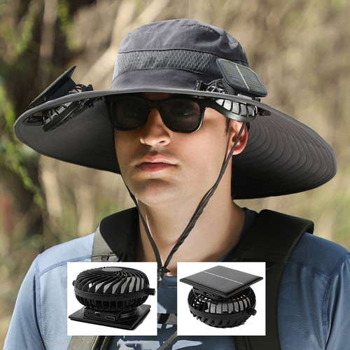 HIgh Quality Wide Brimmed Sun Hat Solar Charging Fan Cooling Cap Outdoor Hiking Breathable Mesh Drying Polyester Fisherman Hat