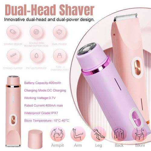 Cordless Waterproof Bikini Trimmer Shaver Kit for Women 2 in 1 Wet Dry Electric Body Facial Hair Removal Bikini Shaver Razor
